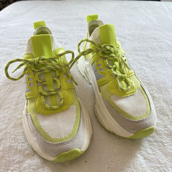 H&M Womens Sz 6 Neon Green Highlighter Lace Up Chunky Style Trainers Sneakers - Picture 2 of 7